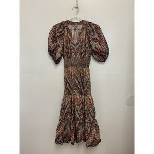 Conditions Apply Anthropologie Pink Combo Twill Smocked Midi Dress Size 2 UK 6